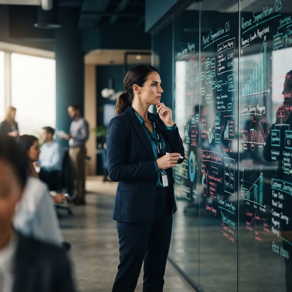 Facilitator reviewing analytical diagrams and workforce data on a glass wall